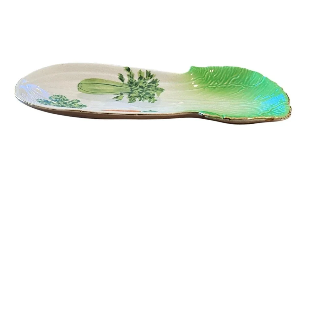 Unique Farmhouse Kitchen Style Vintage Celery Shaped Ceramic Spoon Rest / Tray